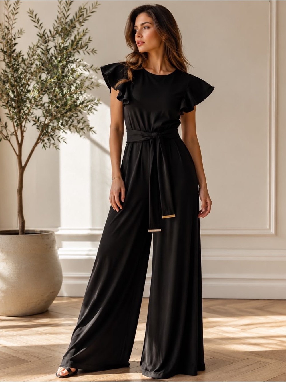 Tommy Hilfiger Black Flutter Sleeve Wide Leg Jumpsuit Size 10P Petite